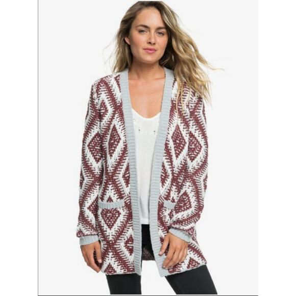 Roxy All Over Again Oversized Diamond Knit Sweater Cardigan Size Med - Picture 1 of 10